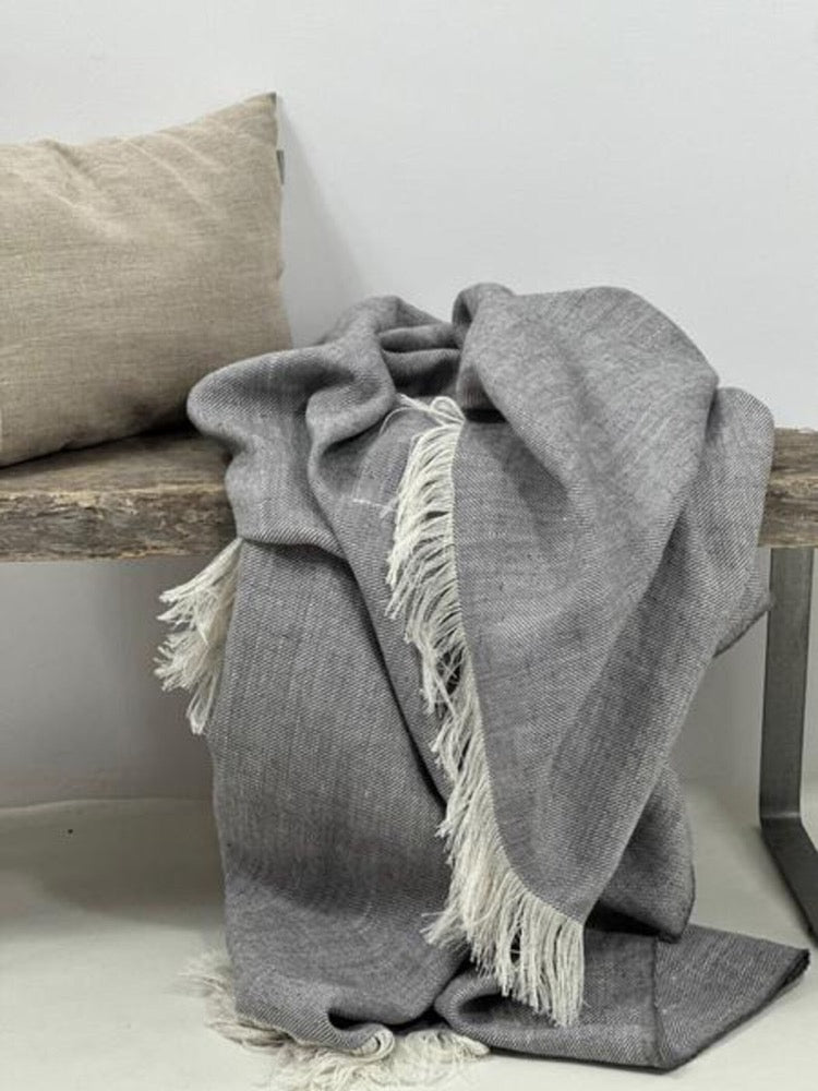 Linen Throw Blanket with Decorative Fringes, Linen Throw Blanket, Linen Blanket Light Grey, Heavy Linen Cover
